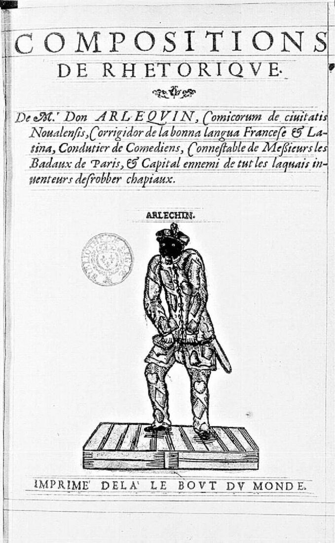 Frontespizio di un libretto del 1601 con Arlecchino in abito a toppe