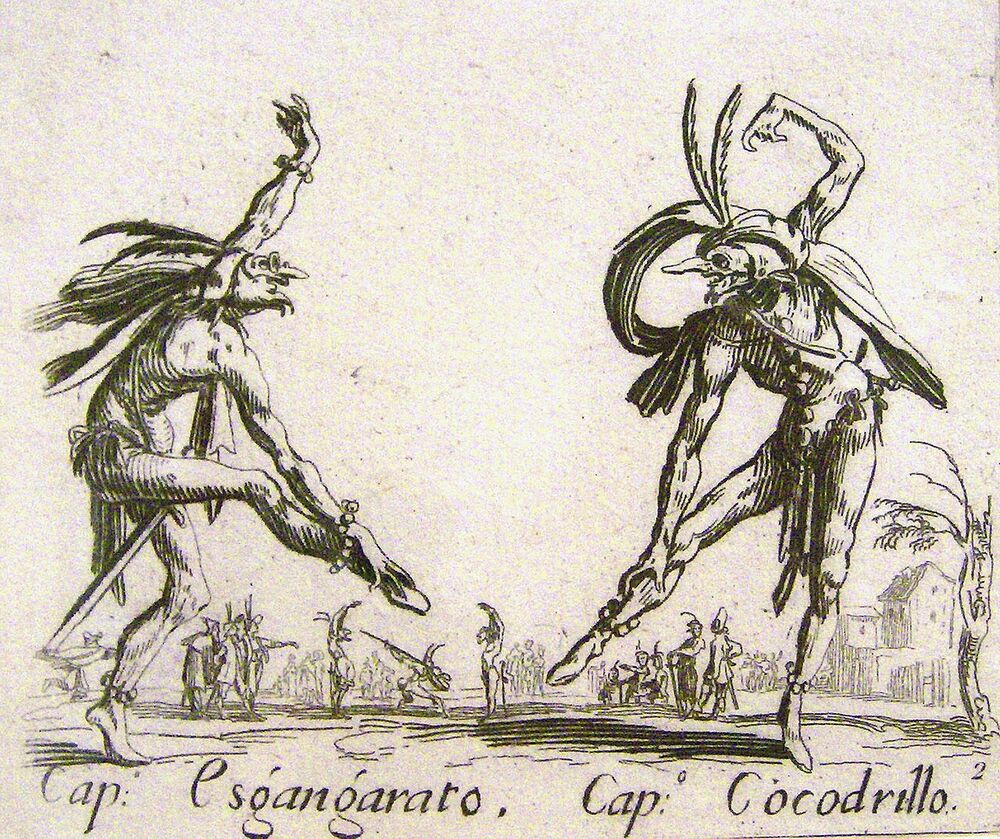 Incisione seicentesca con due maschere della Commedia dell'Arte che danzano