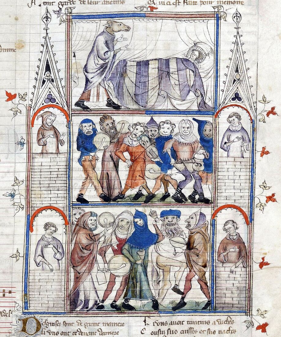 Miniatura medievale con figure mascherate che suonano tamburi e campane