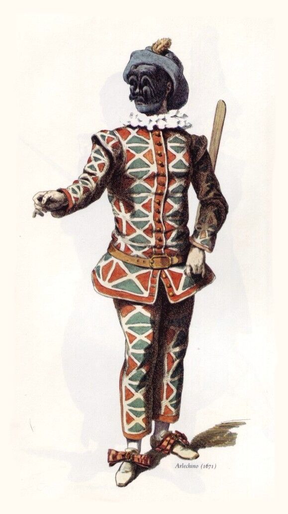 Arlecchino con costume a losanghe, maschera nera e batocio