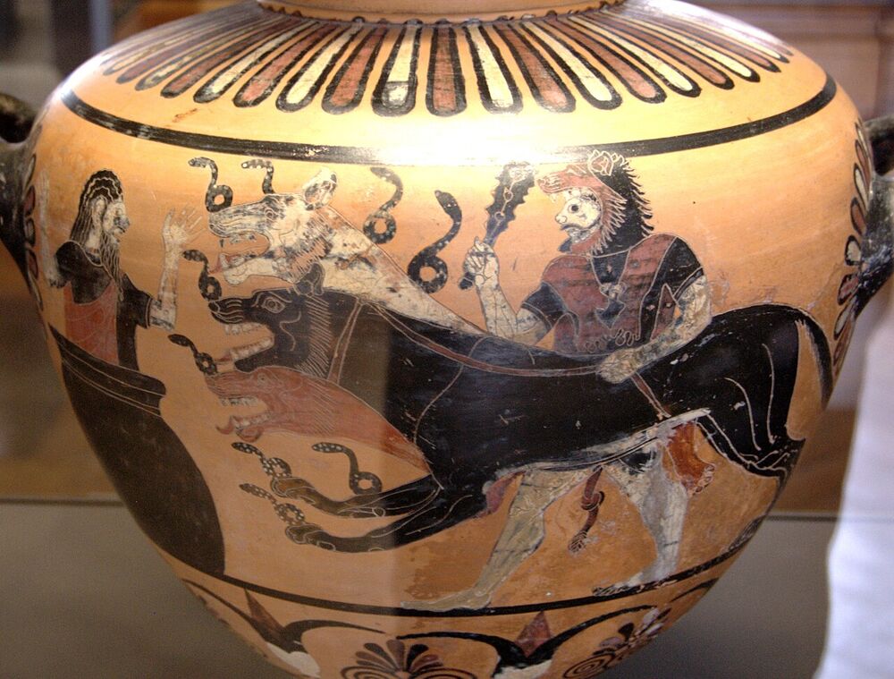 Vaso greco con Eracle che conduce Cerbero a tre teste