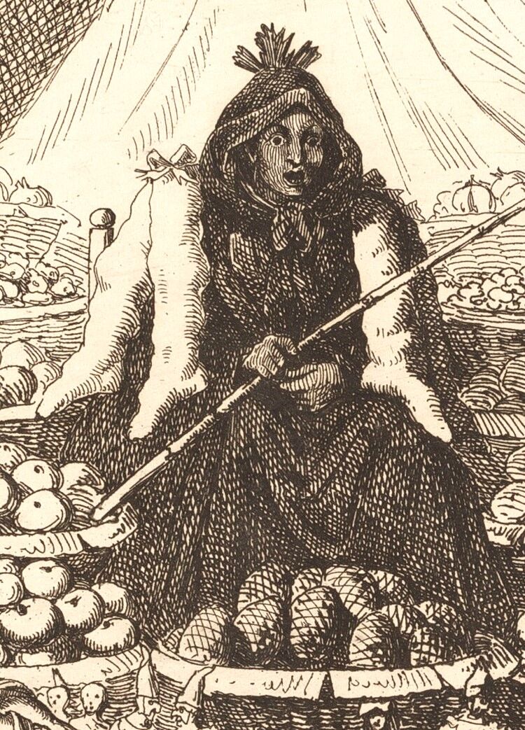 Incisione ottocentesca di una Befana seduta tra frutta e dolci